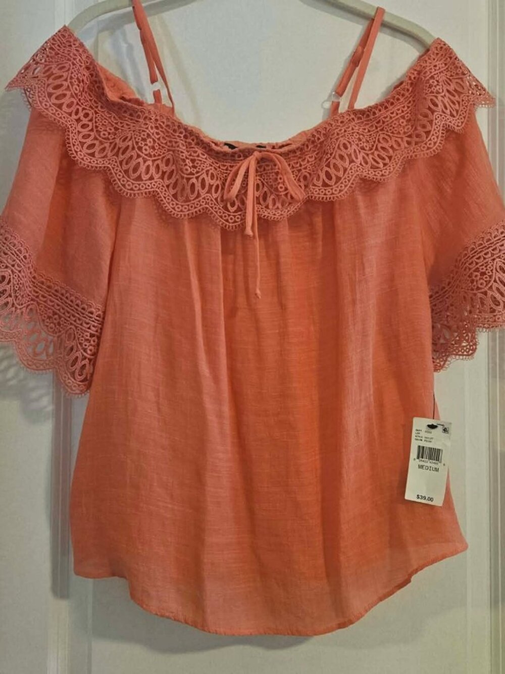 NWT BCX Off Shoulder Lace Trim Peasant Top Medium Coral Boho